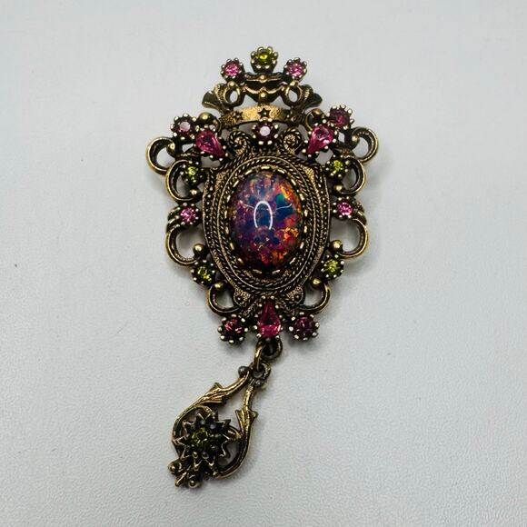 Coventry Jewelry - VTG Coventry Brooch Pin Pendant 1970s Foiled Glass Signed Cabochon Estate